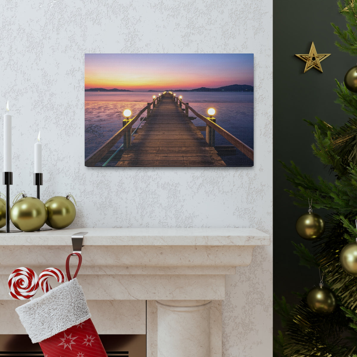 Sunset Wooden Bridge Lake View Nature Wilderness Photography Canvas Wall Art for Home Decor Ready-to-Hang-Express Your Love Gifts