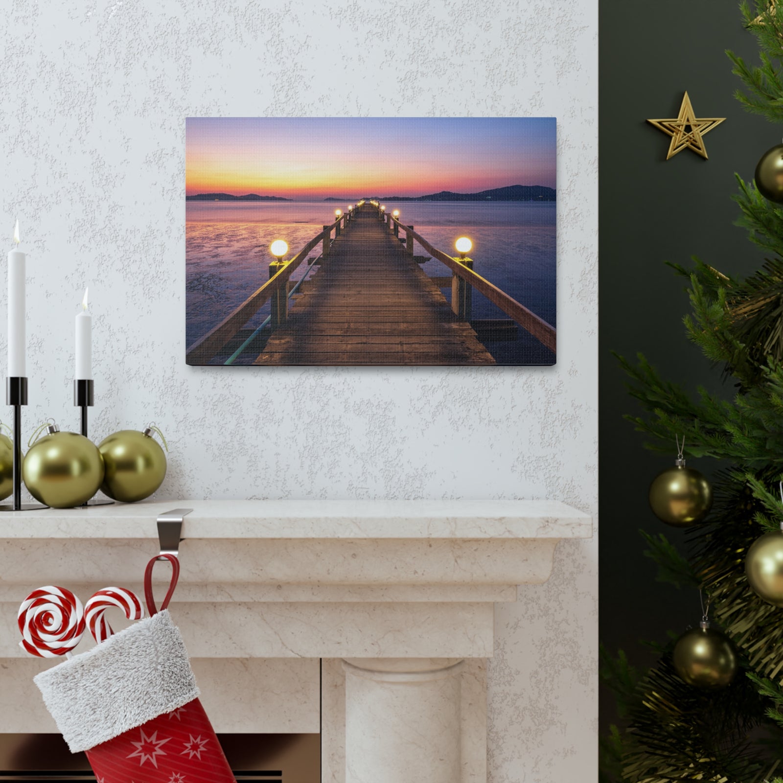 Sunset Wooden Bridge Lake View Nature Wilderness Photography Canvas Wall Art for Home Decor Ready-to-Hang-Express Your Love Gifts