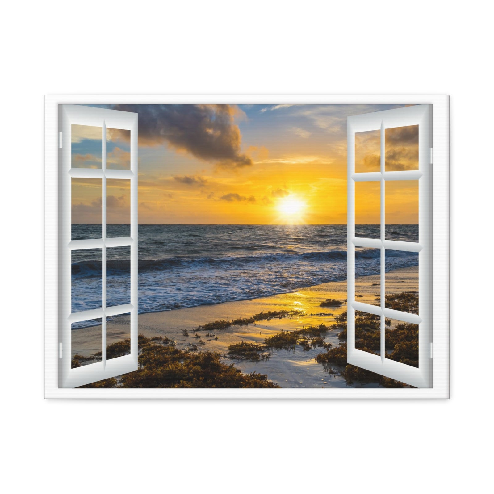 Canvas Print Wall Art Window Sunset Ocean Beach View Nature Photography Realism Scenic Landscape Colorful Multicolor for Home Decor Ready to Hang-Express Your Love Gifts
