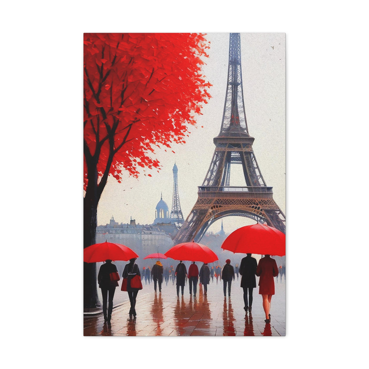 Paris Eiffel Tower Crowd With Red Umbrella France Canvas Artwork High-Quality Breathtaking French City for Home Decor Ready to Hang-Express Your Love Gifts