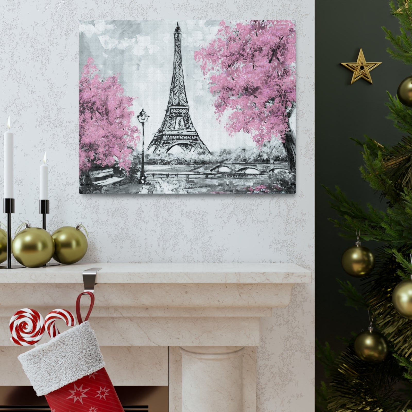 Eiffel Tower Pink Tree France Canvas Artwork High-Quality Breathtaking French City for Home Decor Ready to Hang-Express Your Love Gifts