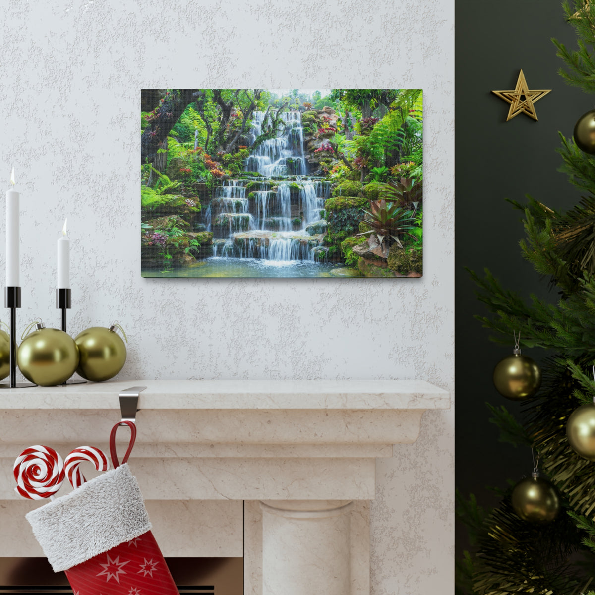 Waterfall w Maple Trees Kyoto Garden Canvas Wall Art for Home Decor Ready-to-Hang-Express Your Love Gifts