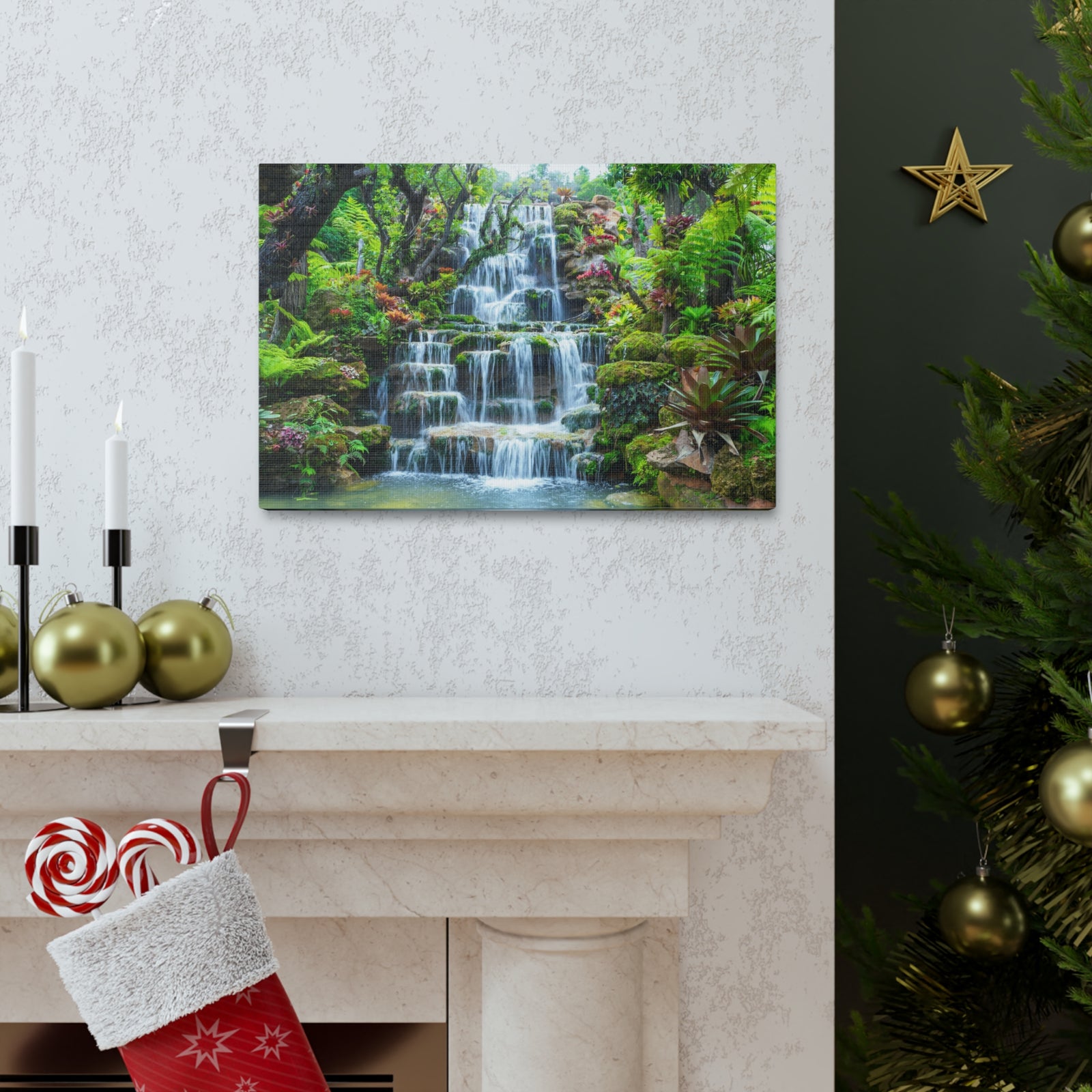 Waterfall w Maple Trees Kyoto Garden Canvas Wall Art for Home Decor Ready-to-Hang-Express Your Love Gifts