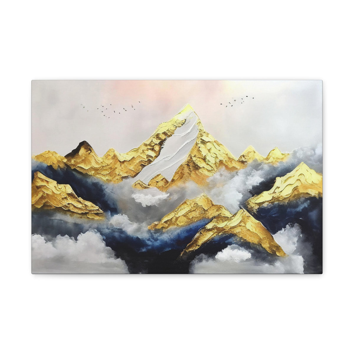 Mountaintop Landscape Birds Flying White Gold and Blue Painting Canvas Wall Art for Home Decor Ready-to-Hang-Express Your Love Gifts