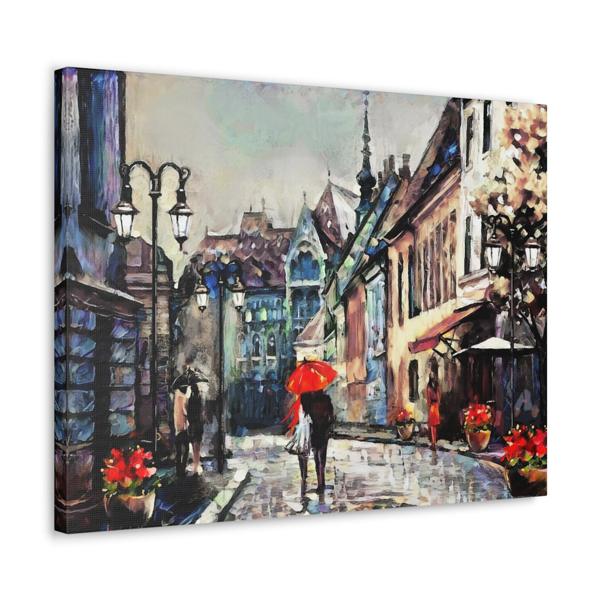 Paris Street View Couple With Red Umbrella France Canvas Artwork High-Quality Breathtaking French City for Home Decor Ready to Hang-Express Your Love Gifts