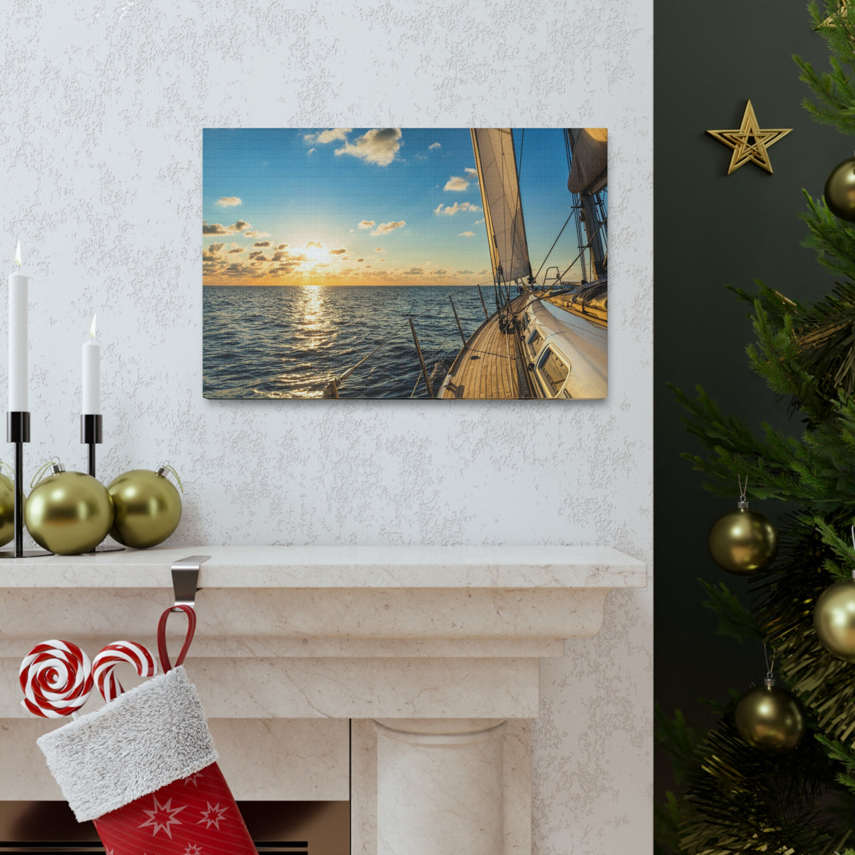 Cruising Sailboat Sailing In The Sea At Sunset Ocean Canvas Wall Art for Home Decor Ready-to-Hang-Express Your Love Gifts