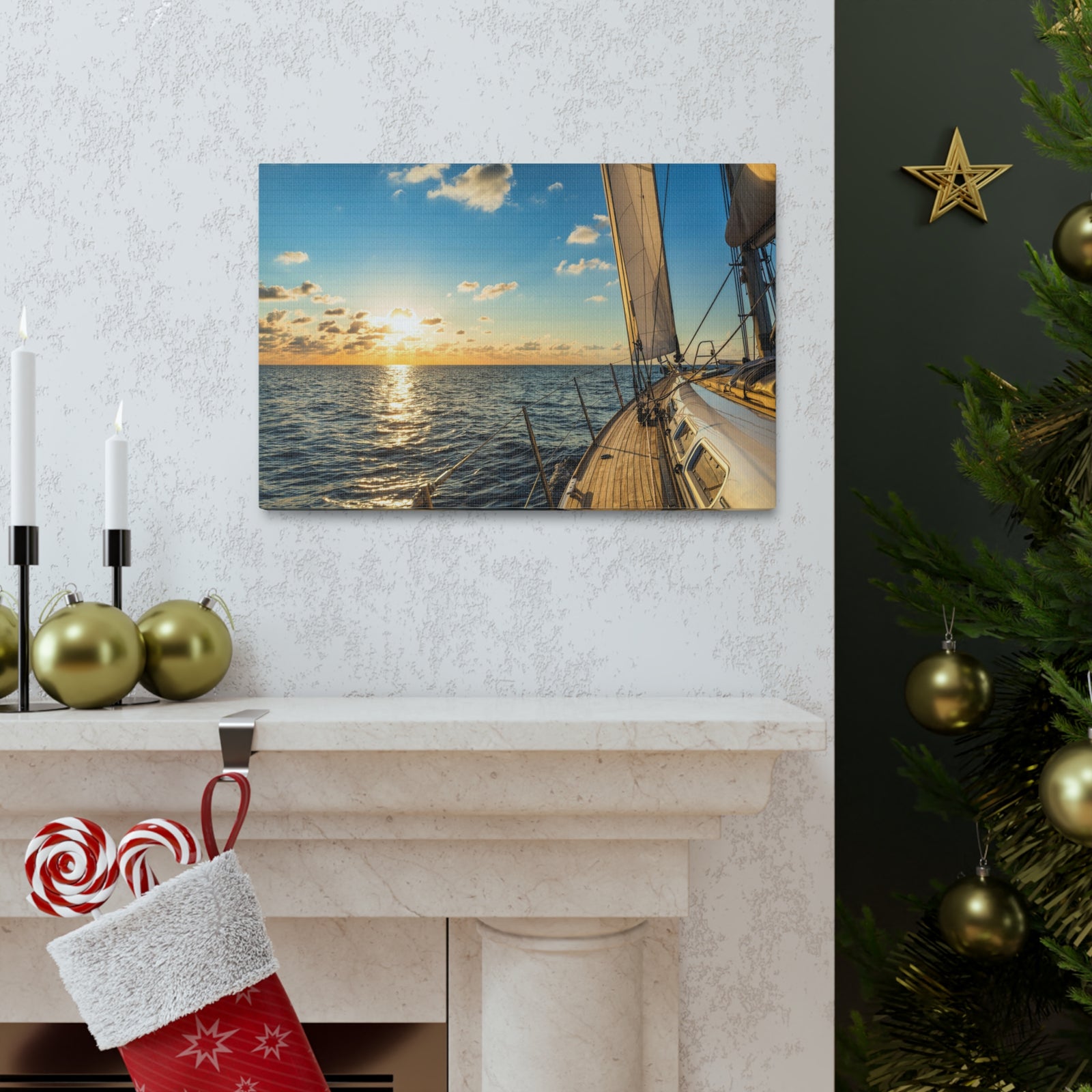 Cruising Sailboat Sailing In The Sea At Sunset Ocean Canvas Wall Art for Home Decor Ready-to-Hang-Express Your Love Gifts