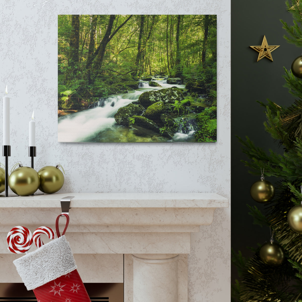 Green Forest River Nature Wilderness Photography Canvas Wall Art for Home Decor Ready-to-Hang-Express Your Love Gifts