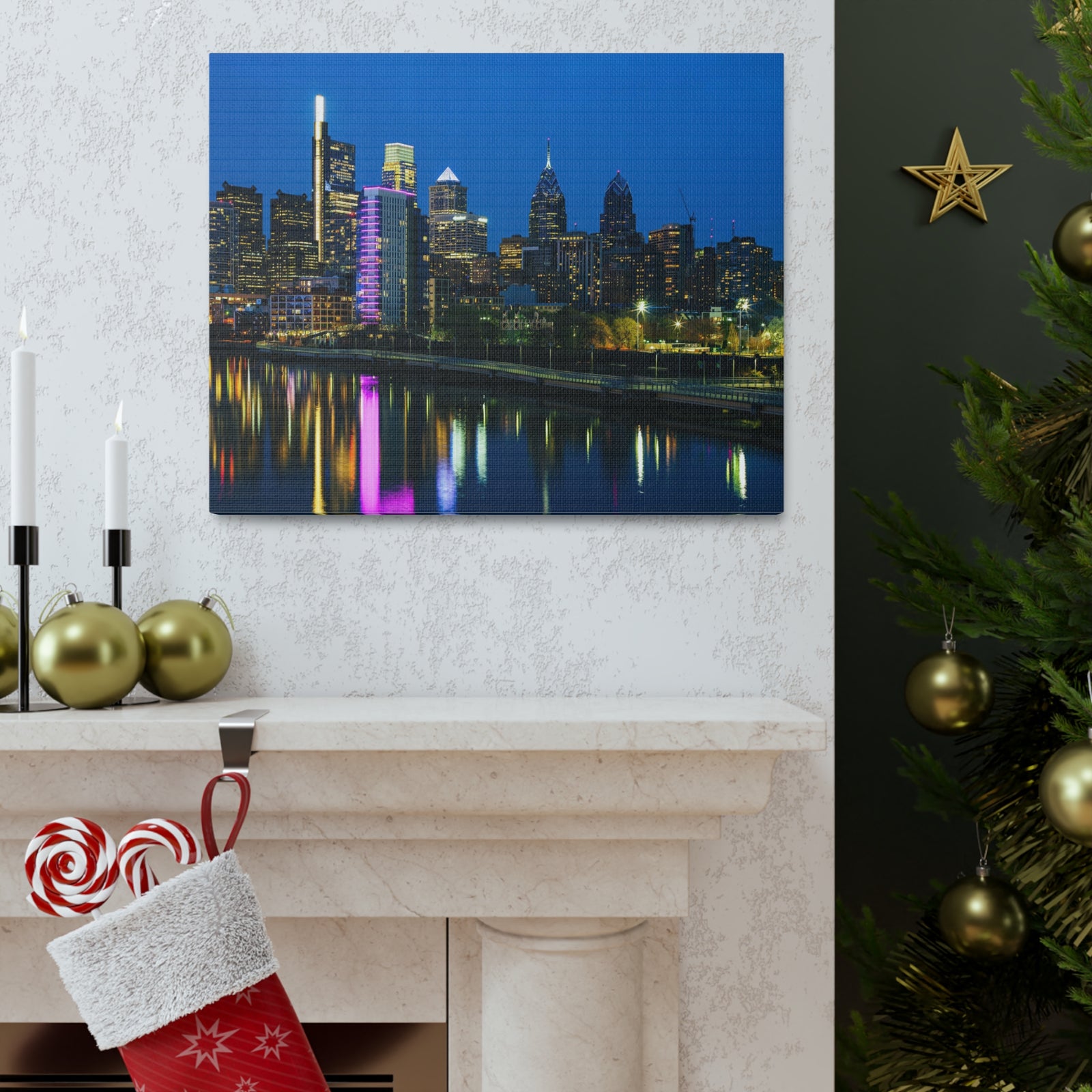 Philadelphia Night Skyline Canvas Artwork High-Quality Breathtaking Stunning Cityscape for Home Decor Ready to Hang-Express Your Love Gifts