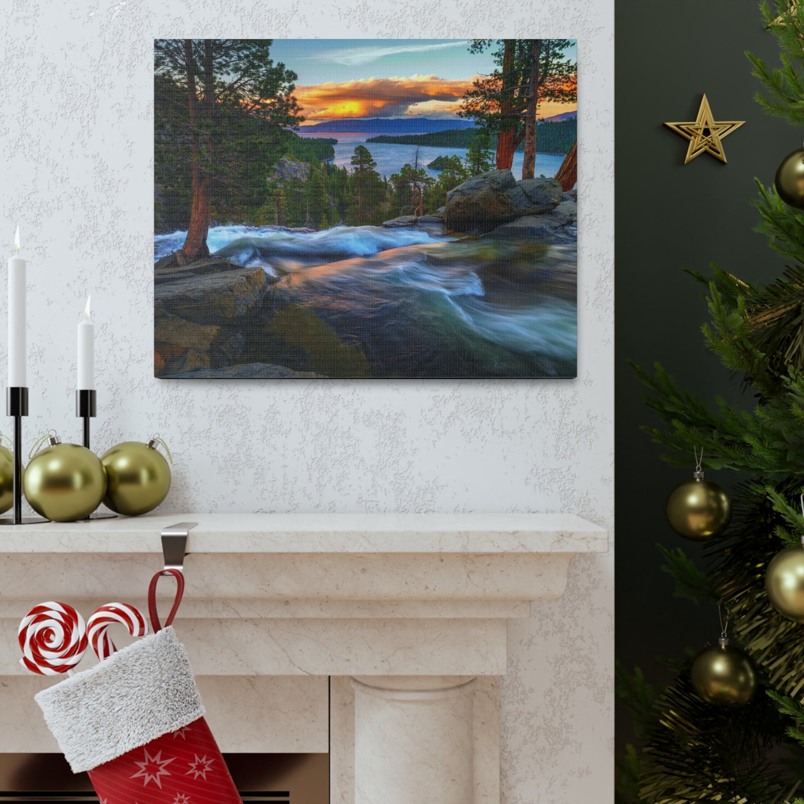 Water Rushing Lake Sunset Nature Wilderness Photography Canvas Wall Art for Home Decor Ready-to-Hang-Express Your Love Gifts