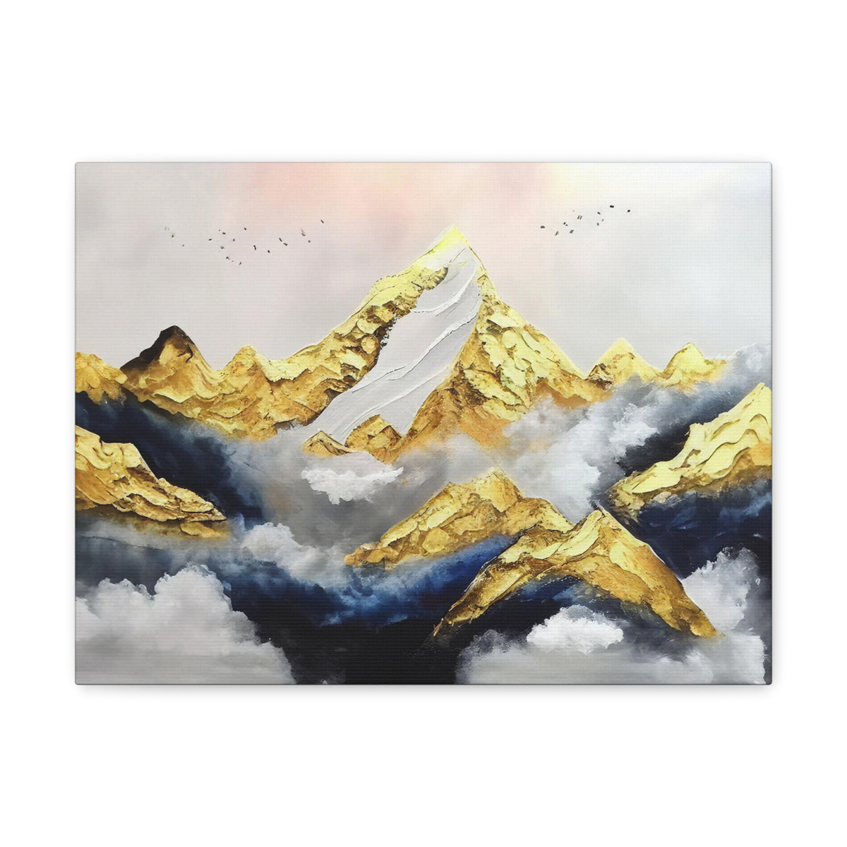 Mountaintop Landscape Birds Flying White Gold and Blue Painting Canvas Wall Art for Home Decor Ready-to-Hang-Express Your Love Gifts