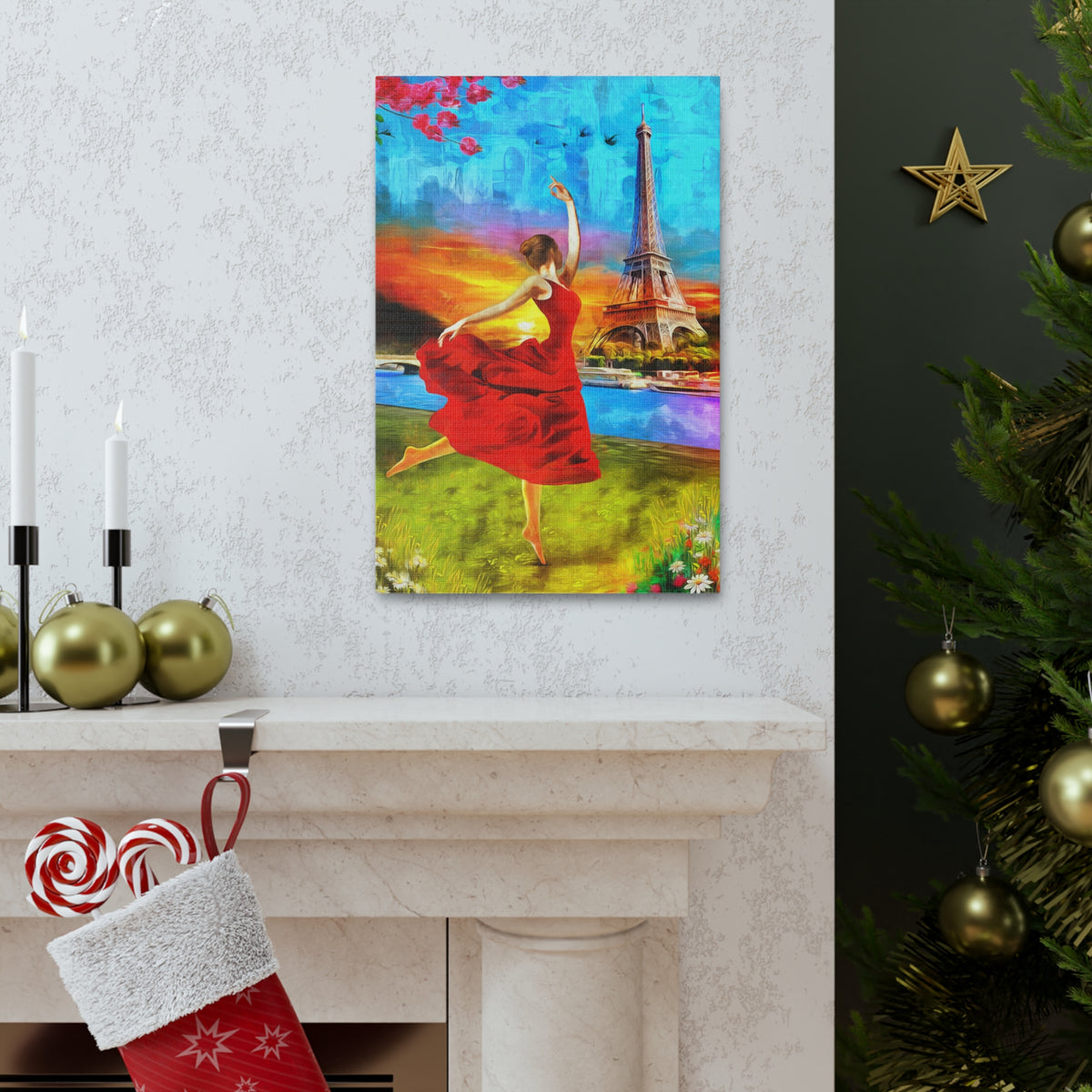Eiffel Tower Red Dress Paris France Canvas Artwork High-Quality Breathtaking French City for Home Decor Ready to Hang-Express Your Love Gifts