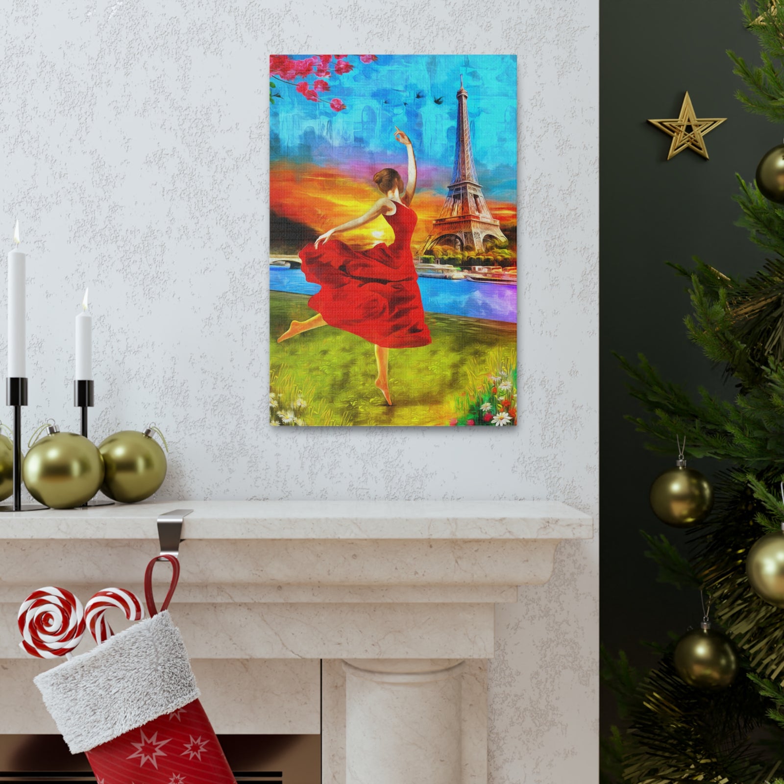 Eiffel Tower Red Dress Paris France Canvas Artwork High-Quality Breathtaking French City for Home Decor Ready to Hang-Express Your Love Gifts