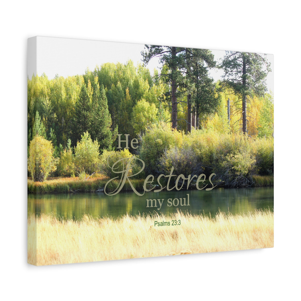 Scripture Canvas He Restores Psalm 23:3 Christian Wall Art Bible Verse Print Ready to Hang-Express Your Love Gifts