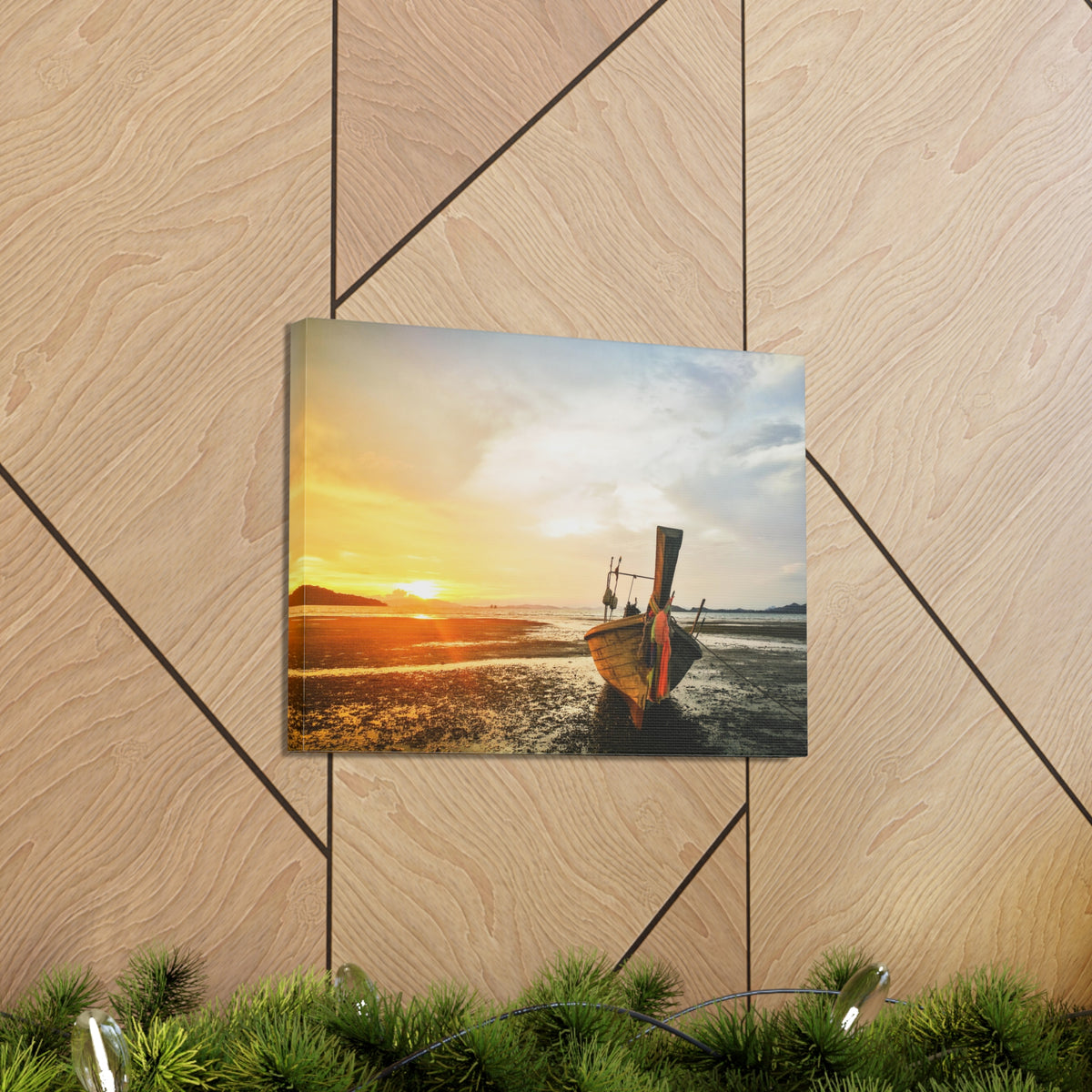 Longtail Boat Sunset Time Ocean Canvas Wall Art for Home Decor Ready-to-Hang-Express Your Love Gifts