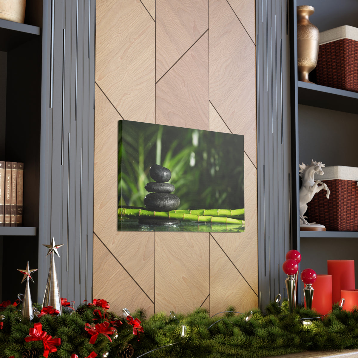 Stacked Stones on Bamboo Forest Floral Nature Photography Canvas Wall Art for Home Decor Ready-to-Hang-Express Your Love Gifts