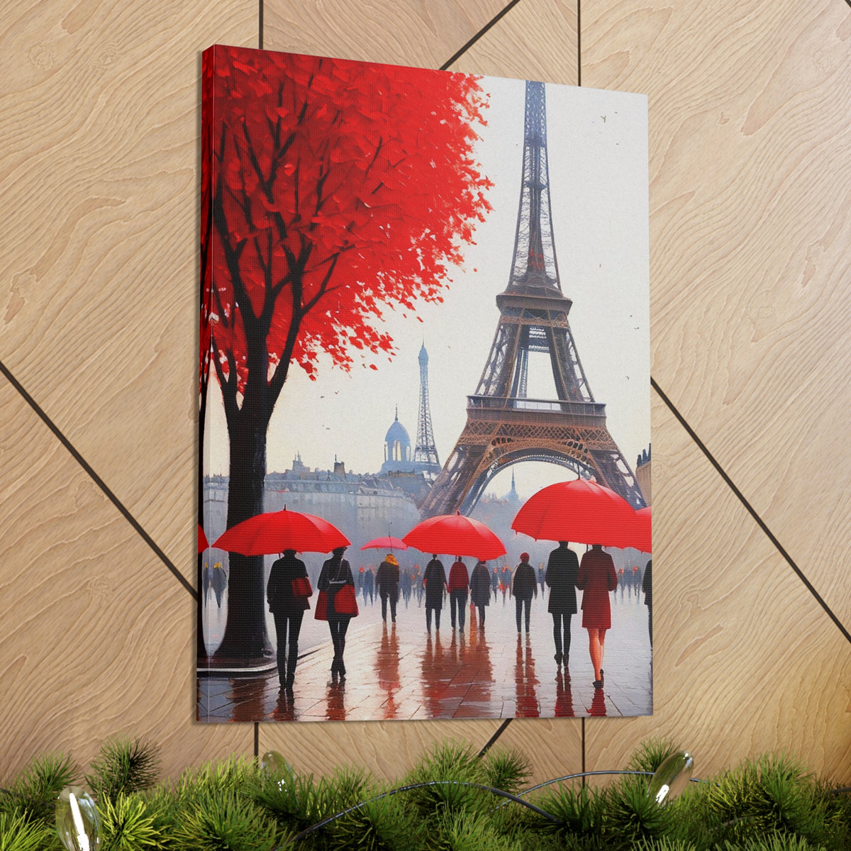 Paris Eiffel Tower Crowd With Red Umbrella France Canvas Artwork High-Quality Breathtaking French City for Home Decor Ready to Hang-Express Your Love Gifts