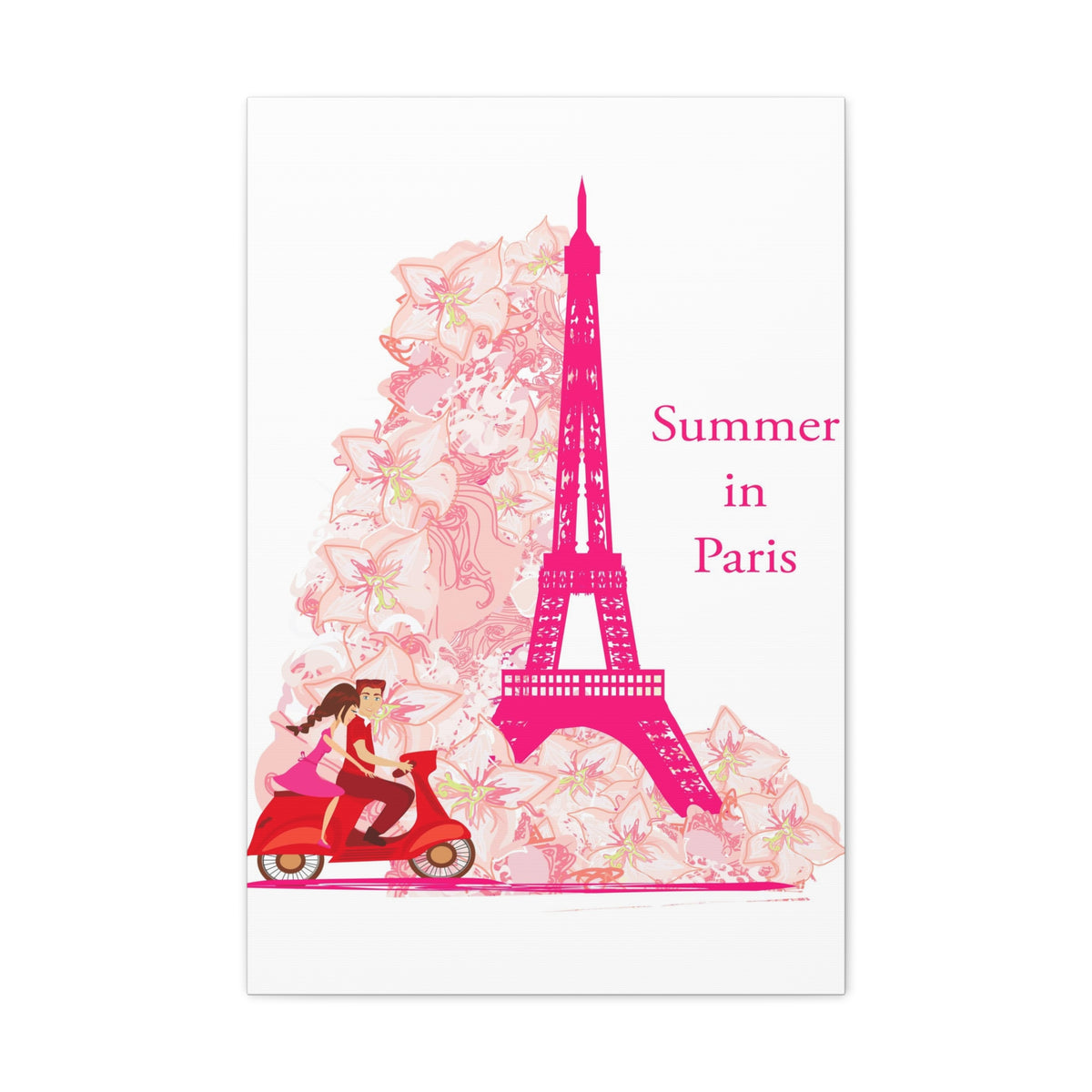 Pink Eiffel Tower Couple On Scooter Paris France Canvas Artwork High-Quality Breathtaking French City for Home Decor Ready to Hang-Express Your Love Gifts