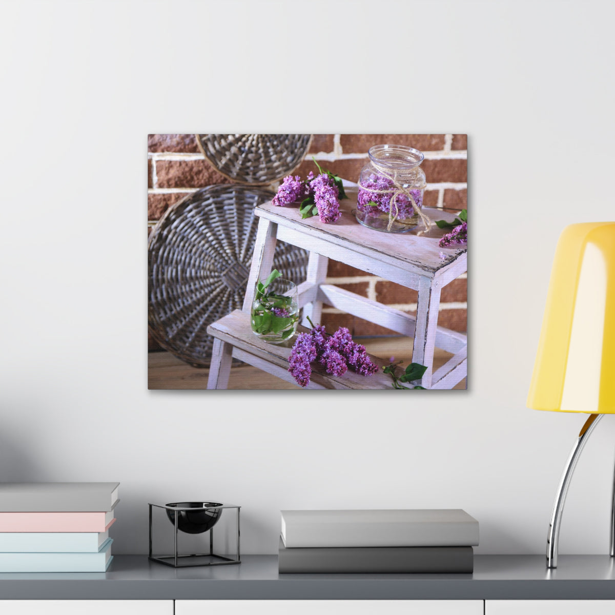 Beautiful Lilac Flowers On Wooden Ladder Rustic Design Canvas Wall Art for Home Decor Ready-to-Hang-Express Your Love Gifts