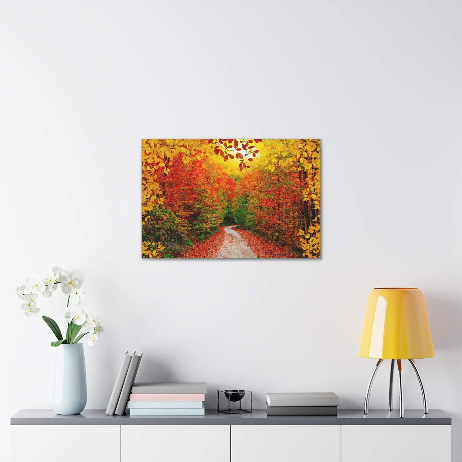 Autumn Fall Orange Leaf Forest Tree Trail Nature Wilderness Photography Canvas Wall Art for Home Decor Ready-to-Hang-Express Your Love Gifts