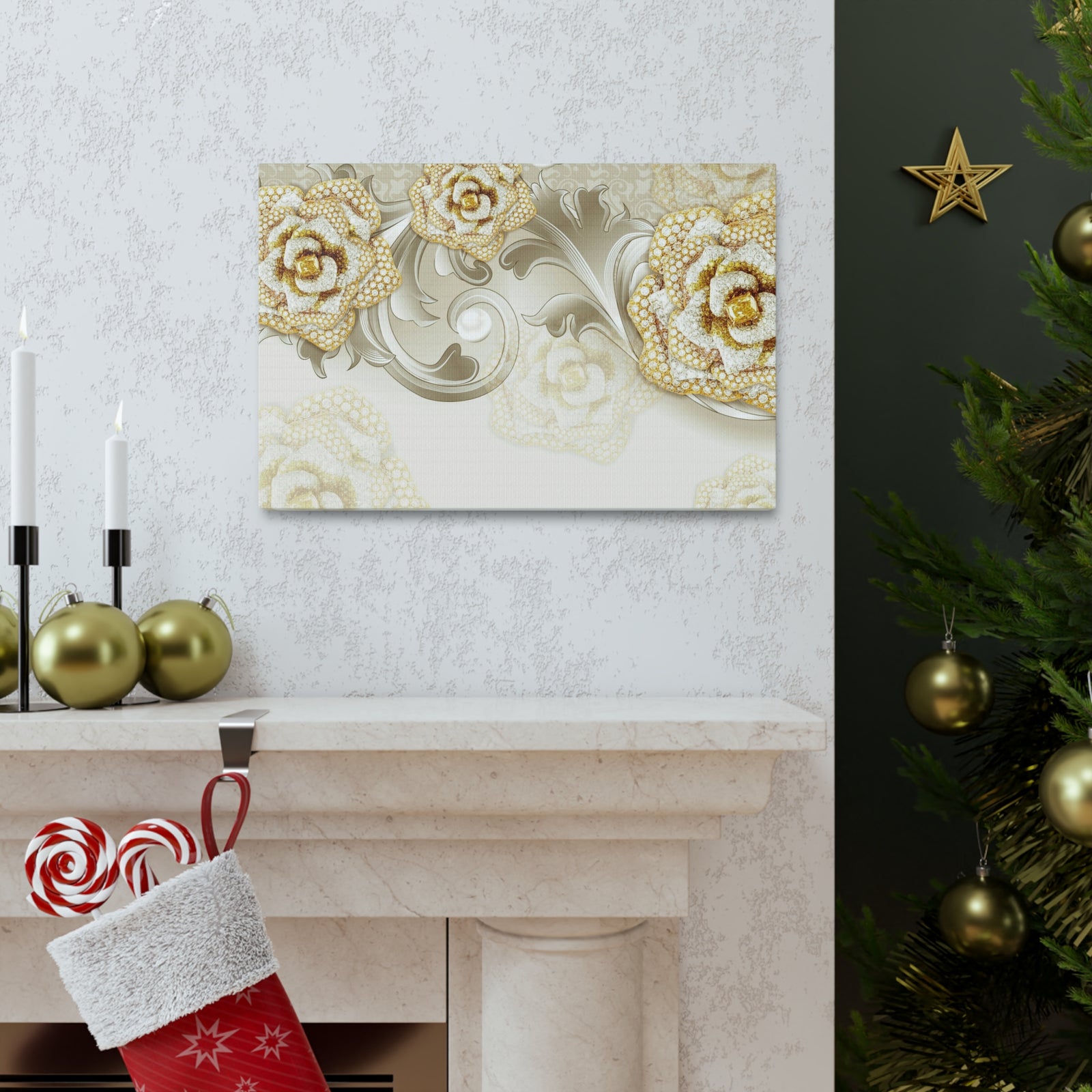 3D Gold And Gray Floral Flower Canvas Wall Art for Home Decor Ready-to-Hang-Express Your Love Gifts