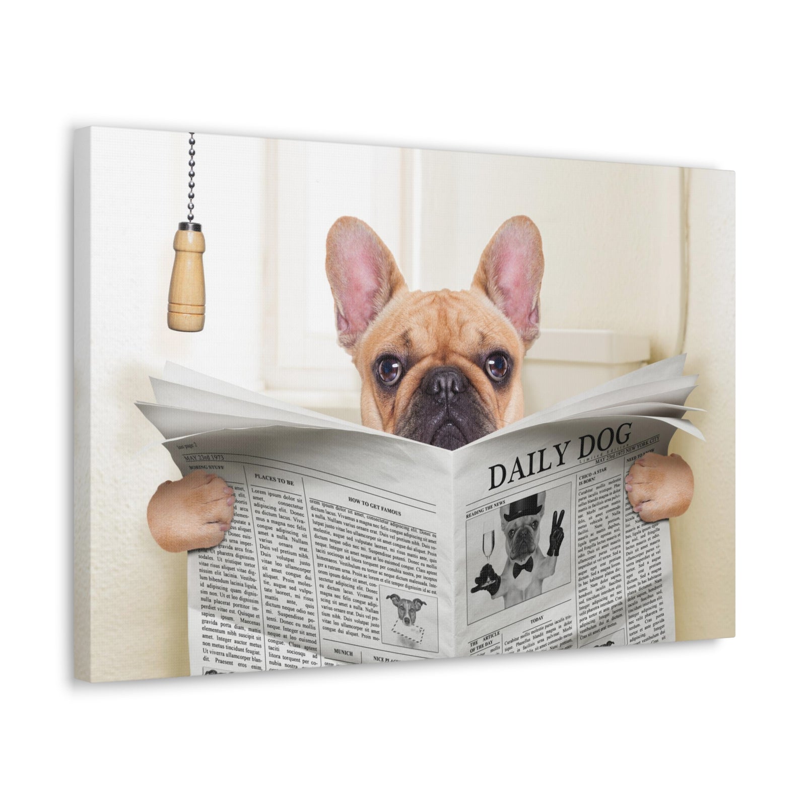 Fawn French Bulldog Reading Newspaper On Toilet Funny Canvas Wall Art for Home Decor Ready-to-Hand-Express Your Love Gifts