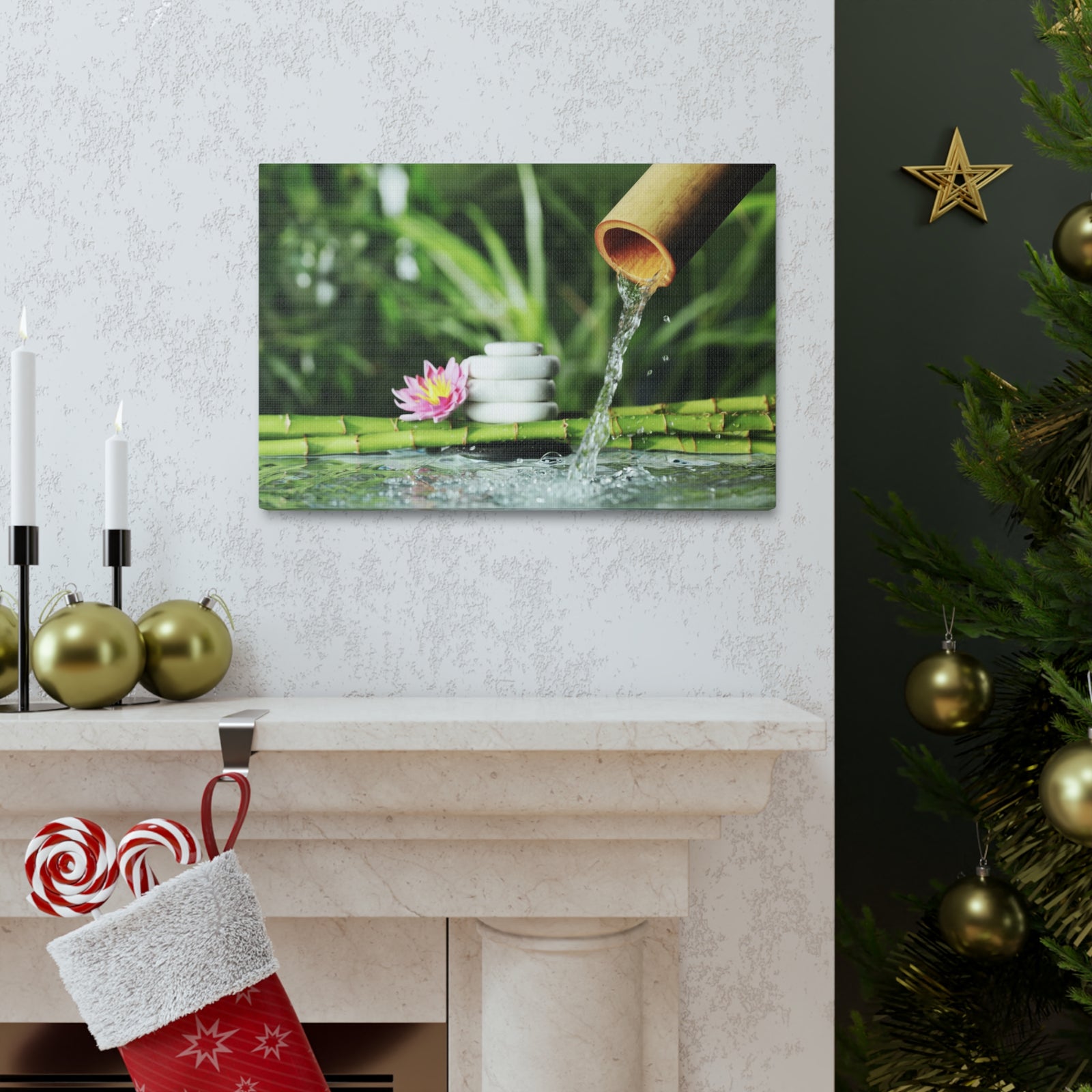 Flower and Bamboo Fountain Forest Floral Nature Photography Canvas Wall Art for Home Decor Ready-to-Hang-Express Your Love Gifts