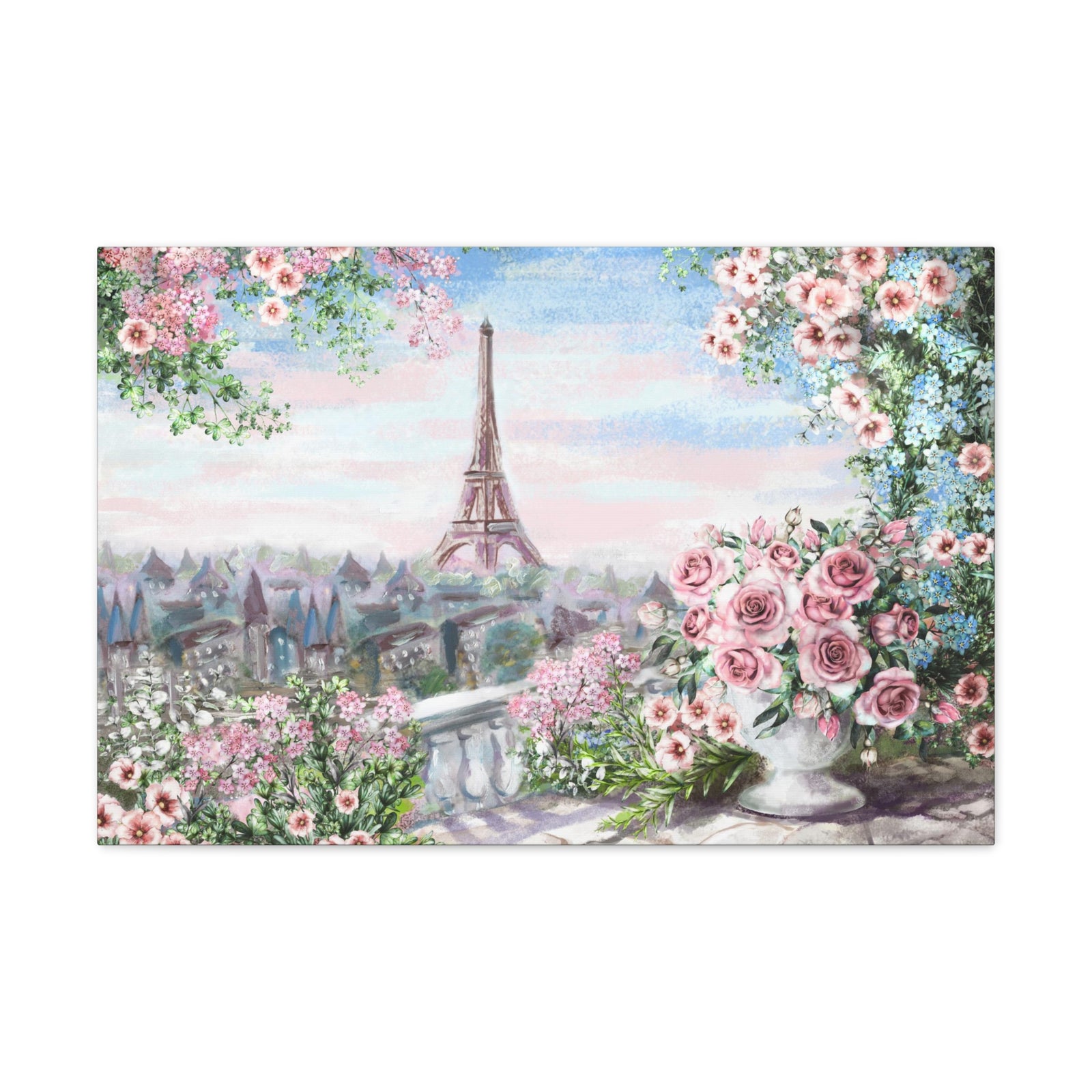 Paris Roses Pink Eiffel Tower France Canvas Artwork High-Quality Breathtaking French City for Home Decor Ready to Hang-Express Your Love Gifts