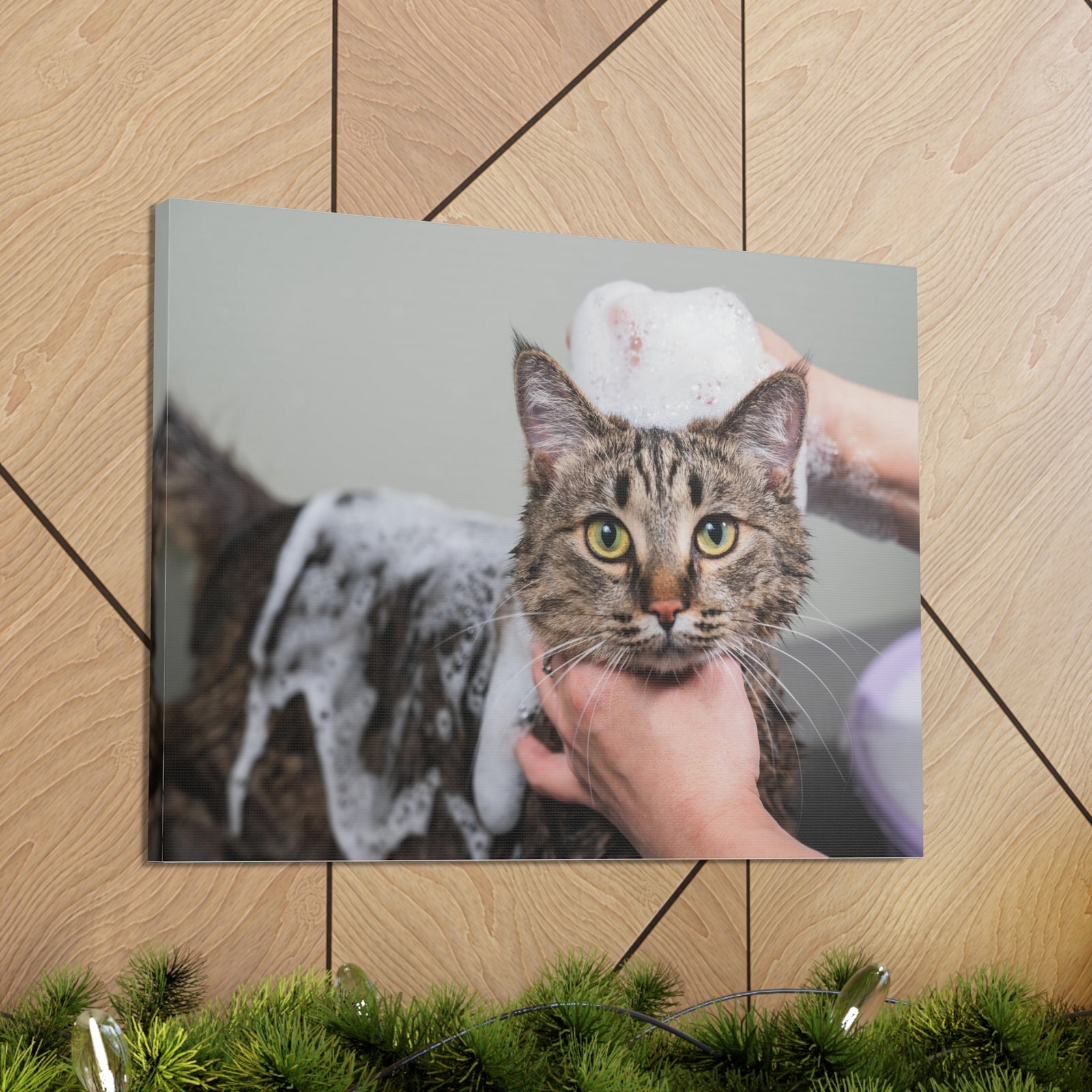 Cute Tabby Gray Cat Bathee Canvas Wall Art for Home Decor Ready-to-Hang-Express Your Love Gifts
