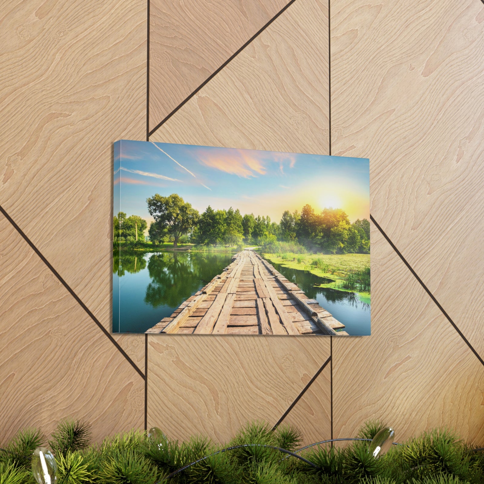Lake at Dawn Wooden Bridge Nature Wilderness Photography Canvas Wall Art for Home Decor Ready-to-Hang-Express Your Love Gifts