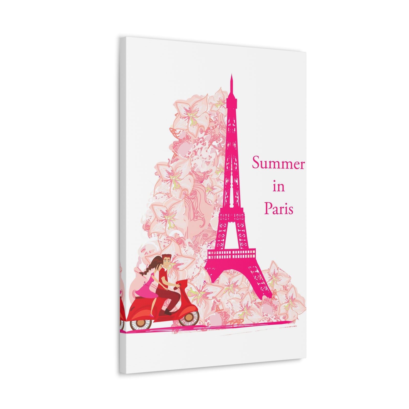 Pink Eiffel Tower Couple On Scooter Paris France Canvas Artwork High-Quality Breathtaking French City for Home Decor Ready to Hang-Express Your Love Gifts