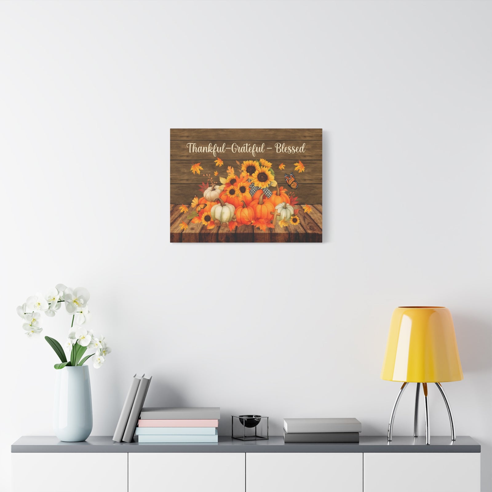Thankful Grateful Blessed Pumpkin Canvas Wall Art – Rustic Autumn Decor-Express Your Love Gifts