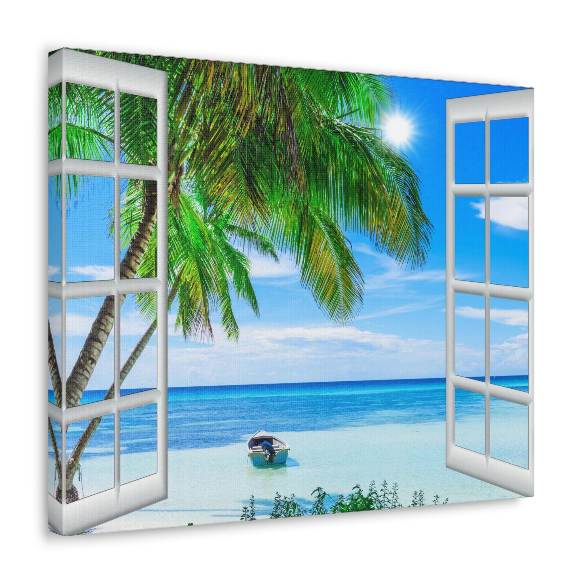 Canvas Print Wall Art Window Beach Coconut View Nature Photography Realism Scenic Landscape Colorful Multicolor for Home Decor Ready to Hang-Express Your Love Gifts