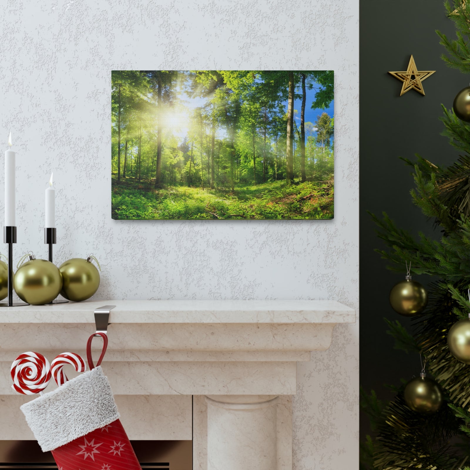 Sunrise Through Green Forest Nature Wilderness Photography Canvas Wall Art for Home Decor Ready-to-Hang-Express Your Love Gifts