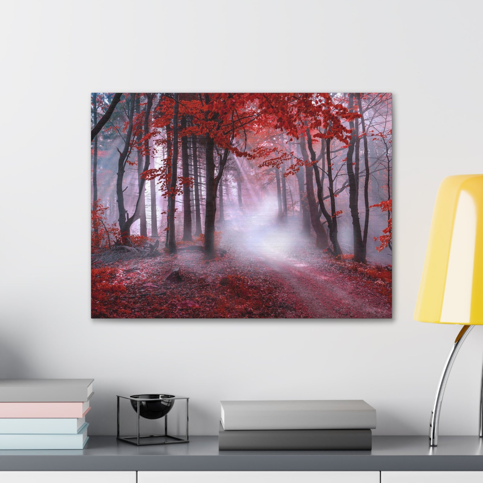 Foggy Autumn Forest Orange Leaves Nature Wilderness Photography Canvas Wall Art for Home Decor Ready-to-Hang-Express Your Love Gifts