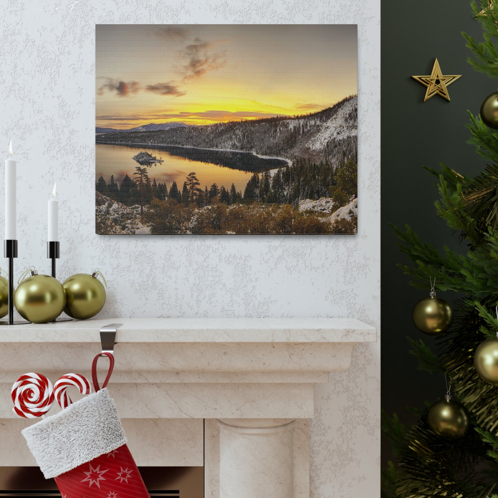Winter Pine Tree Forest Mountain Lake Nature Wilderness Photography Canvas Wall Art for Home Decor Ready-to-Hang-Express Your Love Gifts