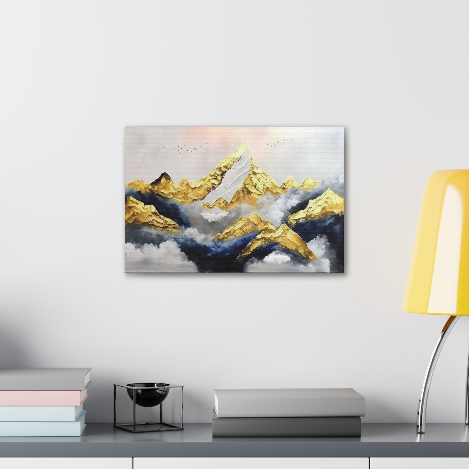Mountaintop Landscape Birds Flying White Gold and Blue Painting Canvas Wall Art for Home Decor Ready-to-Hang-Express Your Love Gifts