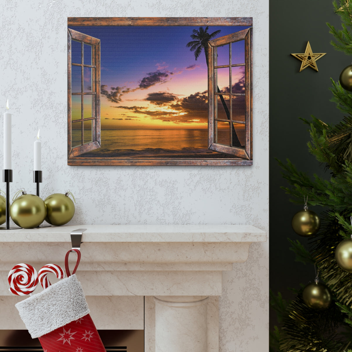 Canvas Print Wall Art Window Sunset Sea Nature Photography Realism Scenic Landscape Colorful Multicolor for Home Decor Ready to Hang-Express Your Love Gifts