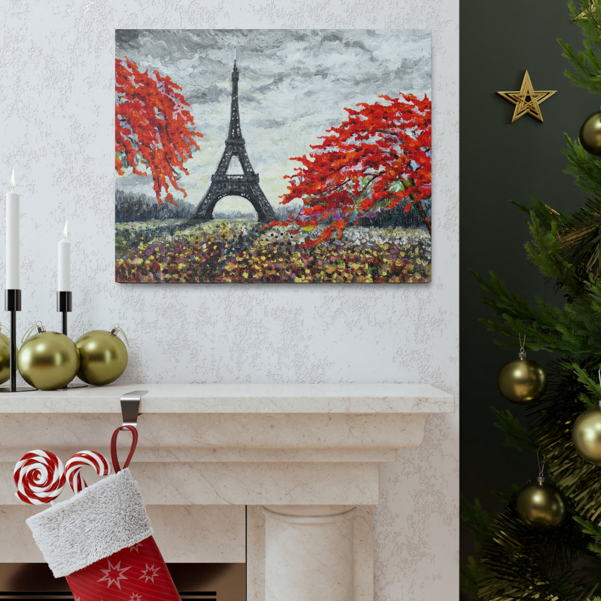 Eiffel Tower Red Tree Paris France Canvas Artwork High-Quality Breathtaking French City for Home Decor Ready to Hang-Express Your Love Gifts