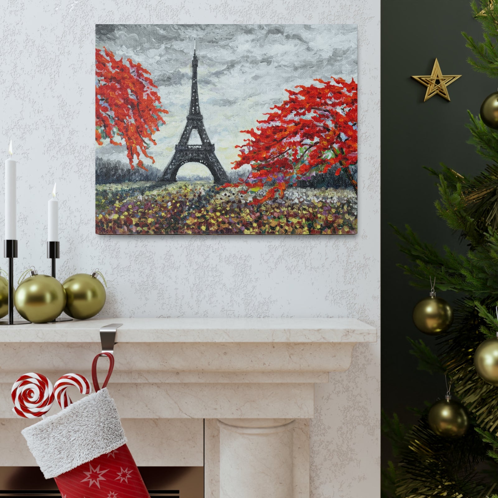 Eiffel Tower Red Tree Paris France Canvas Artwork High-Quality Breathtaking French City for Home Decor Ready to Hang-Express Your Love Gifts