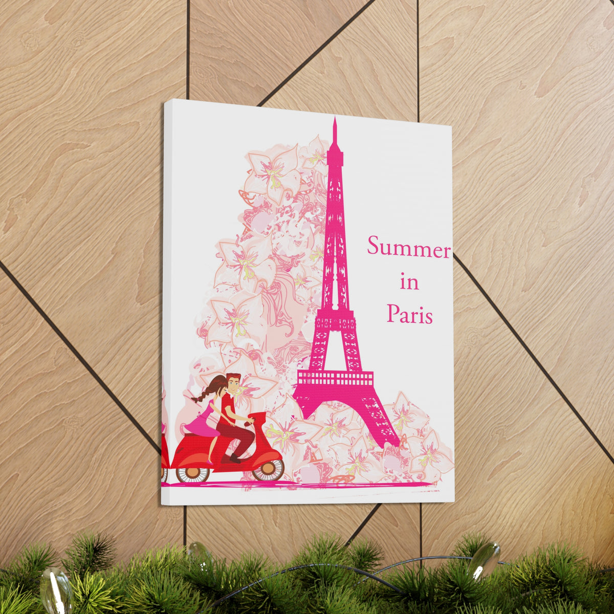 Pink Eiffel Tower Couple On Scooter Paris France Canvas Artwork High-Quality Breathtaking French City for Home Decor Ready to Hang-Express Your Love Gifts