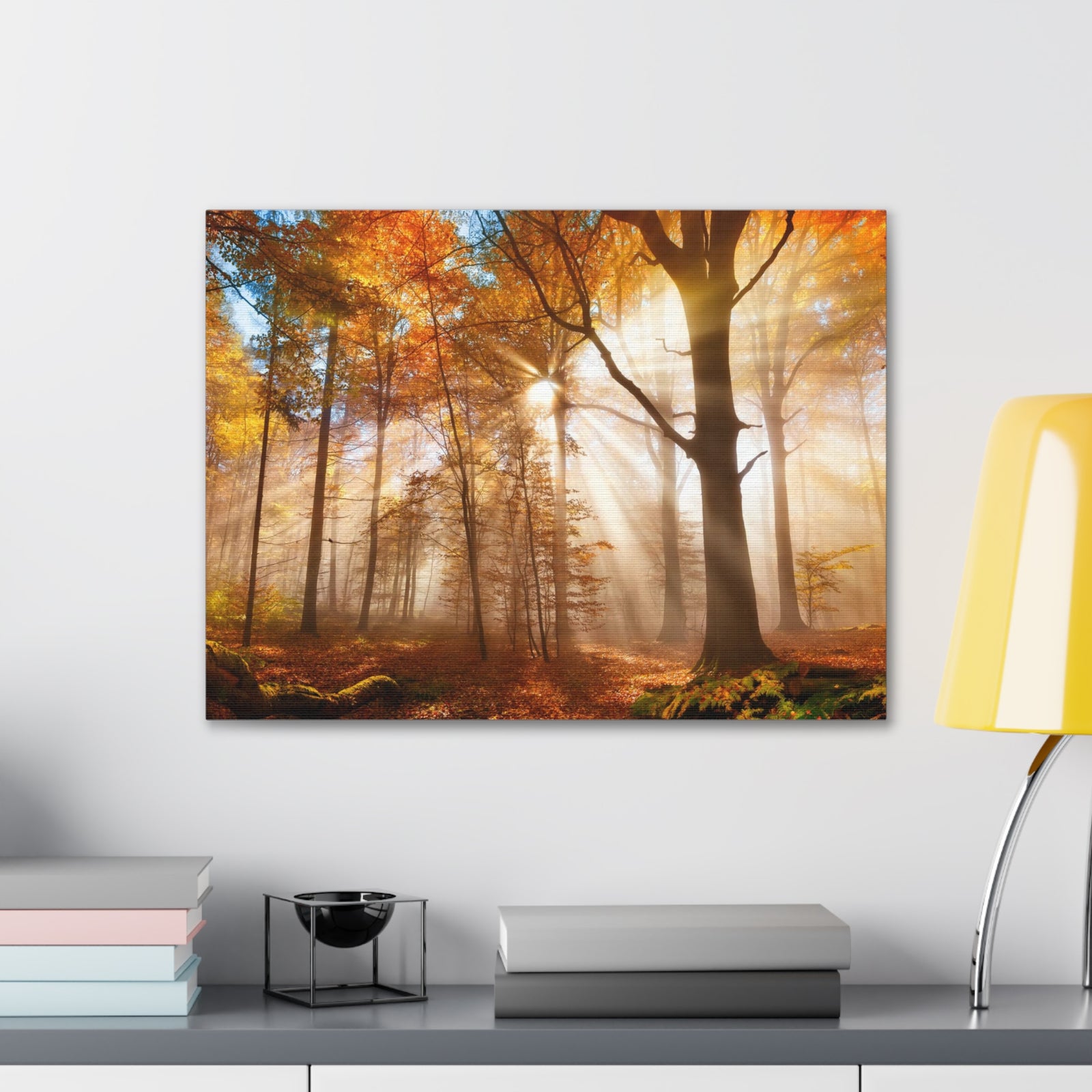 Sunlight Shine Autumn Forest Nature Wilderness Photography Canvas Wall Art for Home Decor Ready-to-Hang-Express Your Love Gifts