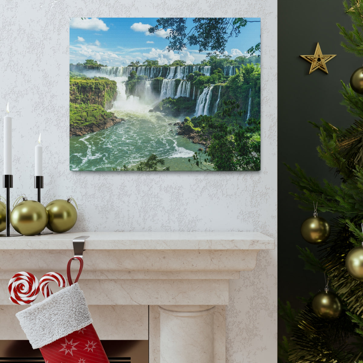 Green Jungle Cascading Waterfall Nature Wilderness Photography Canvas Wall Art for Home Decor Ready-to-Hang-Express Your Love Gifts