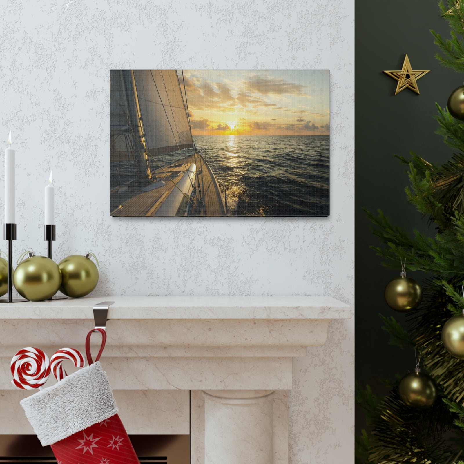 Sailboat Sailing In Mediterranean Sea At Sunset Ocean Canvas Wall Art for Home Decor Ready-to-Hang-Express Your Love Gifts