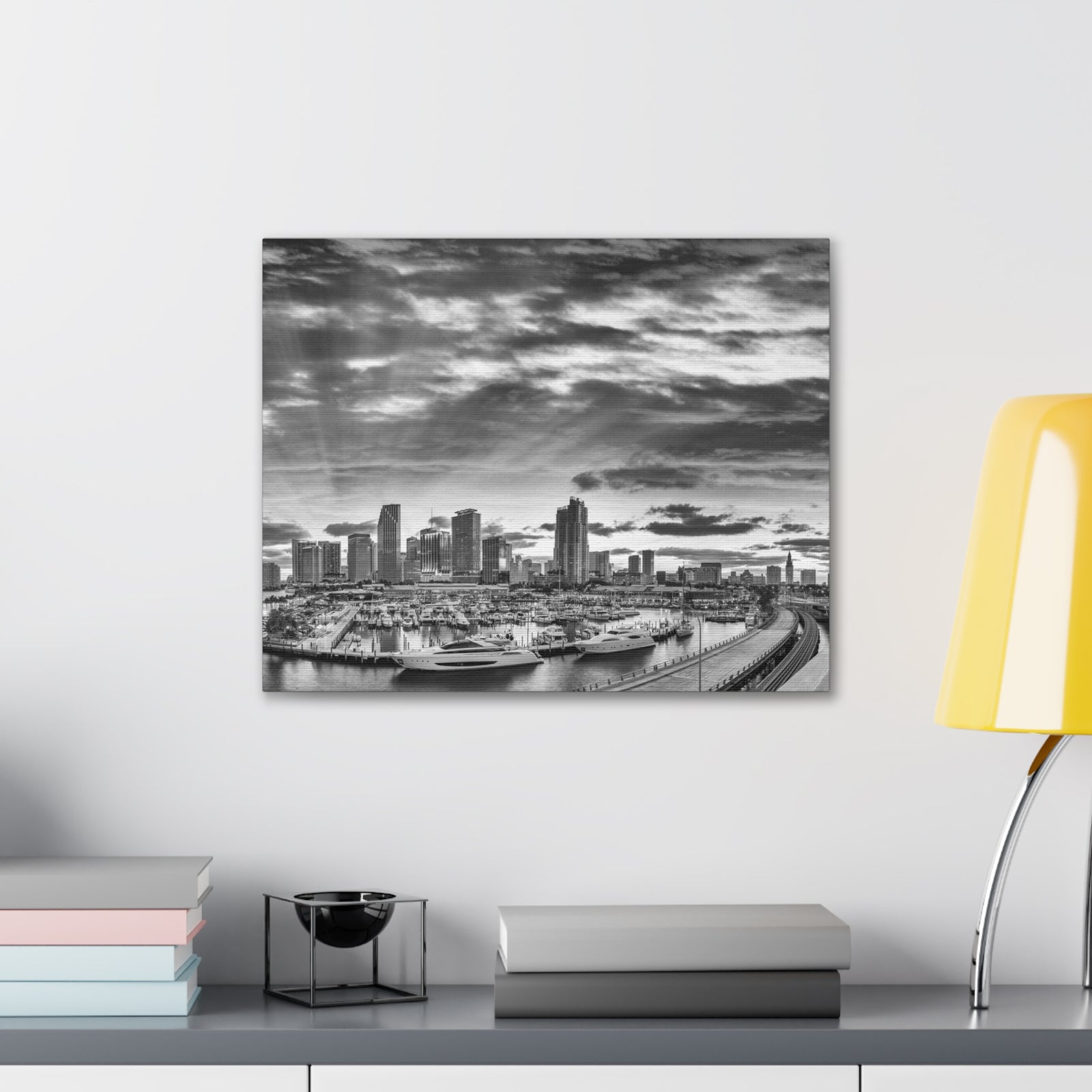 Miami Black And White Skyline Canvas Artwork High-Quality Breathtaking Stunning Cityscape for Home Decor Ready to Hang-Express Your Love Gifts