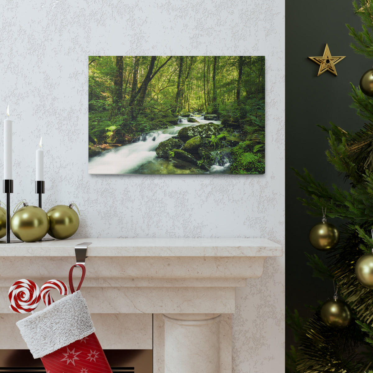 Green Forest River Nature Wilderness Photography Canvas Wall Art for Home Decor Ready-to-Hang-Express Your Love Gifts