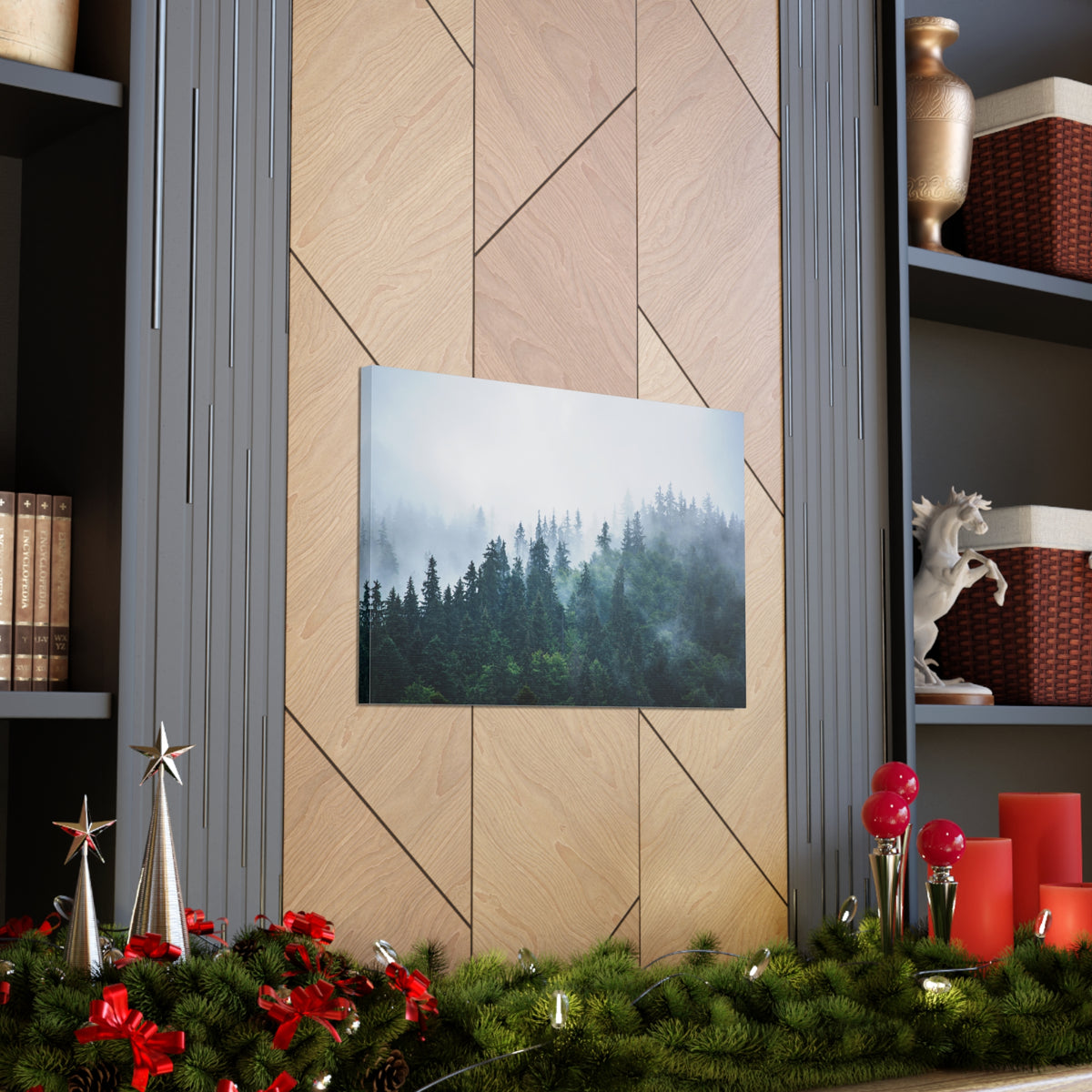 Misty Dark Mountain Forest Nature Wilderness Photography Canvas Wall Art for Home Decor Ready-to-Hang-Express Your Love Gifts