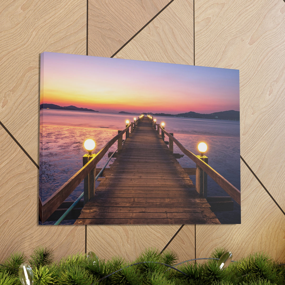 Sunset Wooden Bridge Lake View Nature Wilderness Photography Canvas Wall Art for Home Decor Ready-to-Hang-Express Your Love Gifts