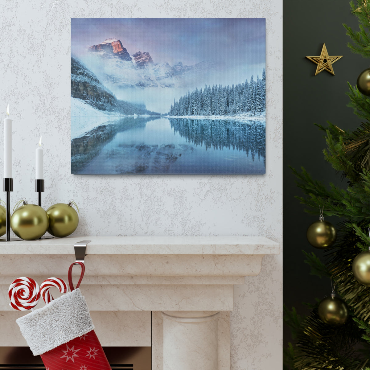 Mountain Winter Lake Pine Tree Nature Wilderness Photography Canvas Wall Art for Home Decor Ready-to-Hang-Express Your Love Gifts