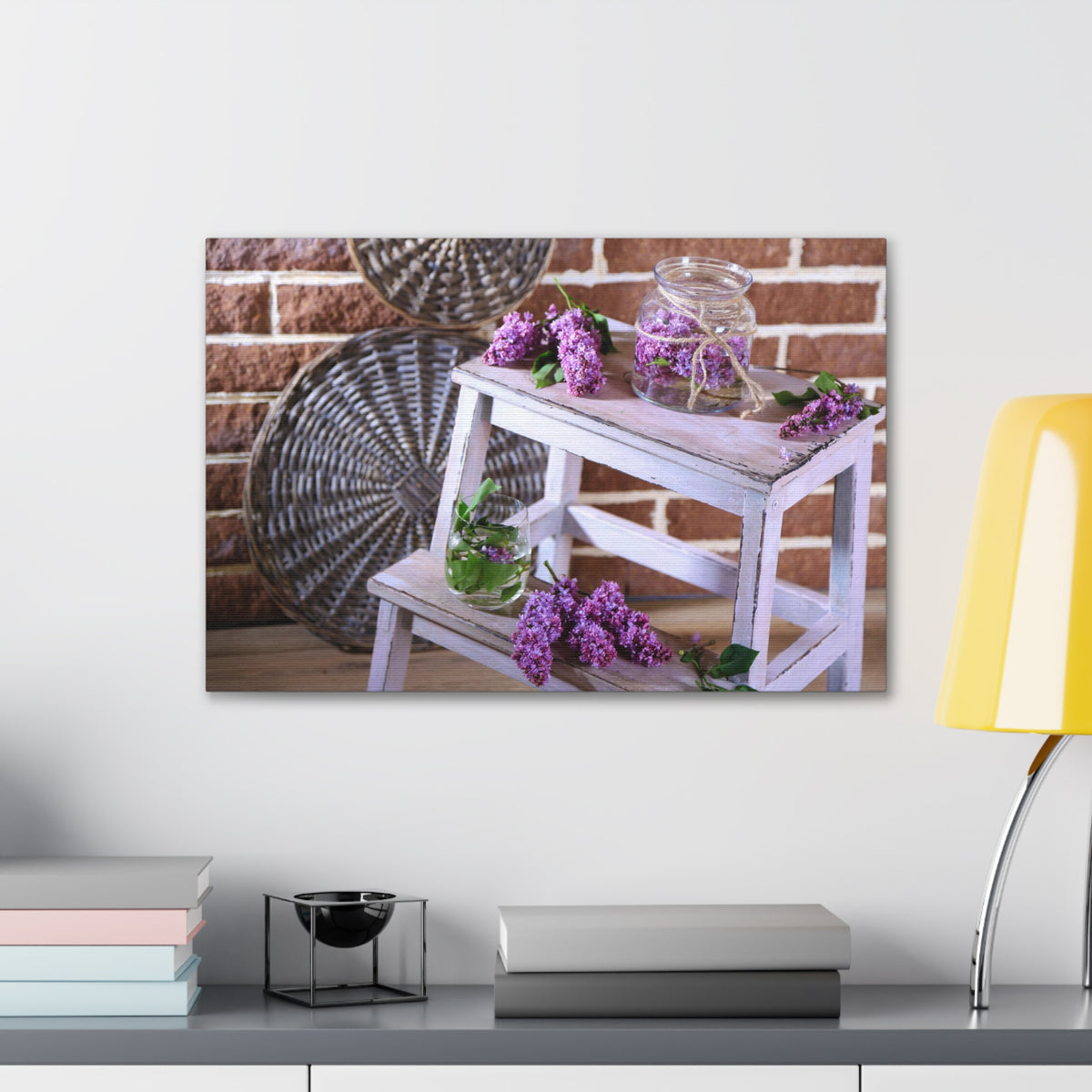 Beautiful Lilac Flowers On Wooden Ladder Rustic Design Canvas Wall Art for Home Decor Ready-to-Hang-Express Your Love Gifts